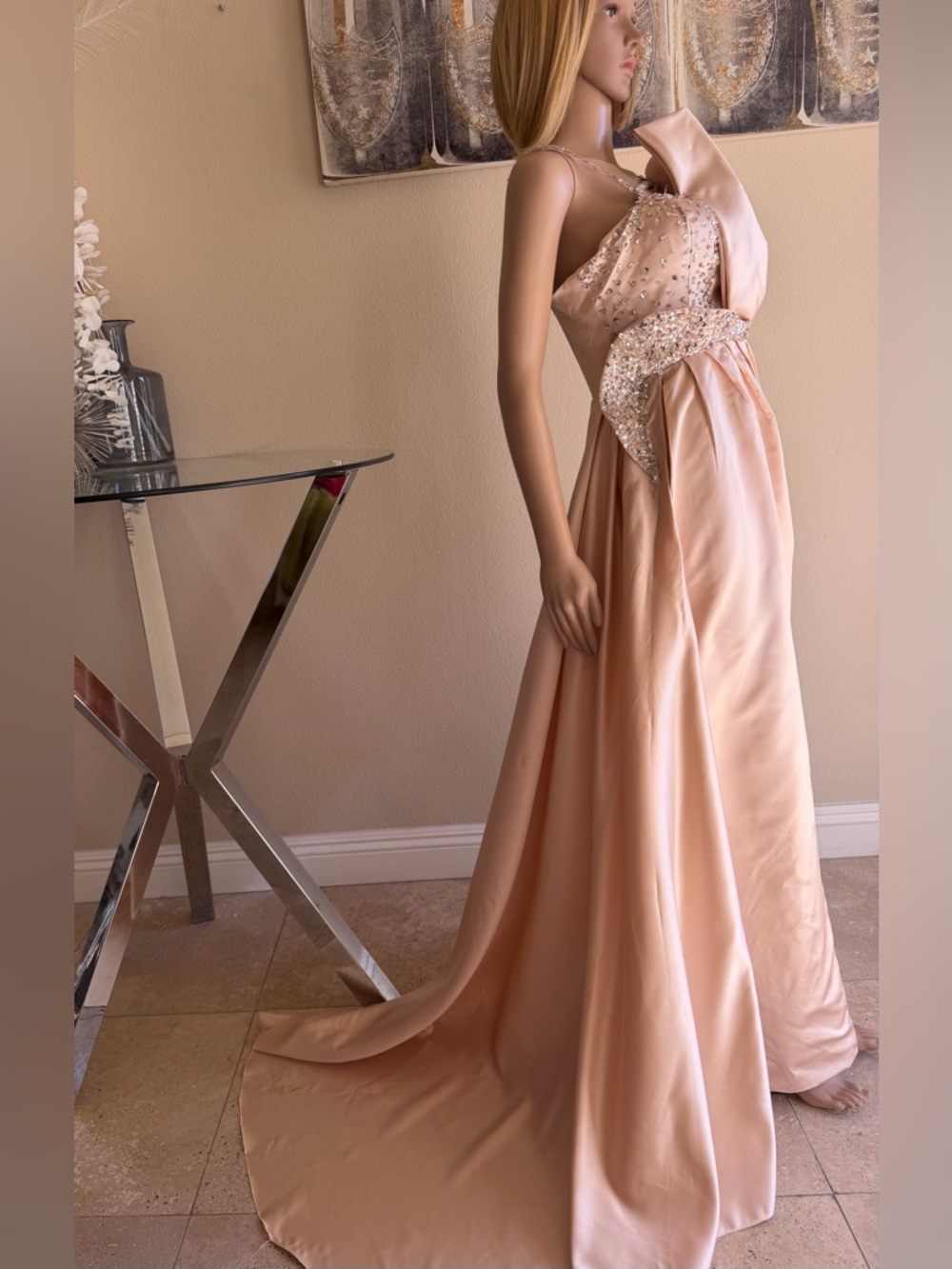 Evening One-Shoulder Satin Gown in Blush Pink